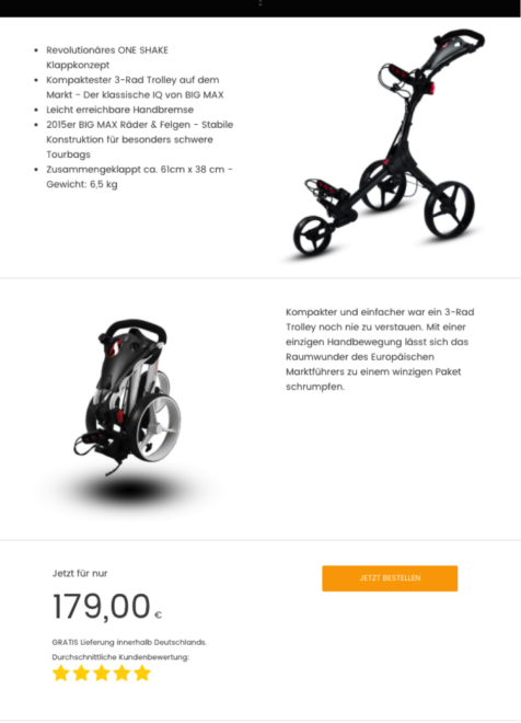 Beispiel einer Landingpage, Quelle: https://www.amzlead.com/big-max-golf-caddy-golftrolley Beispiel einer Landingpage, Quelle: https://www.amzlead.com/big-max-golf-caddy-golftrolley