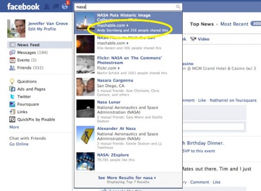 Facebook Suchergebnisse (Quelle Screenshot: Mashable.com)