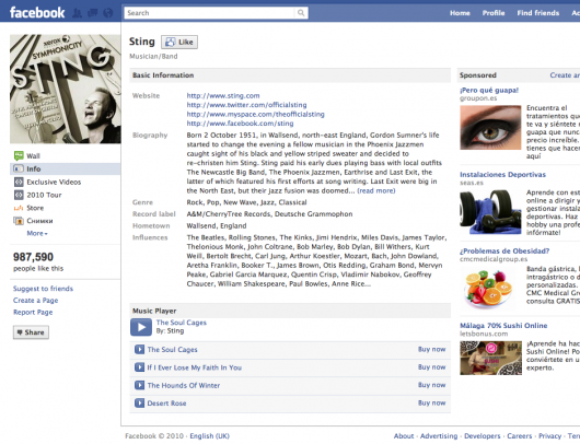 Sting auf Facebook - Im neuen Design mit Musikplayer
