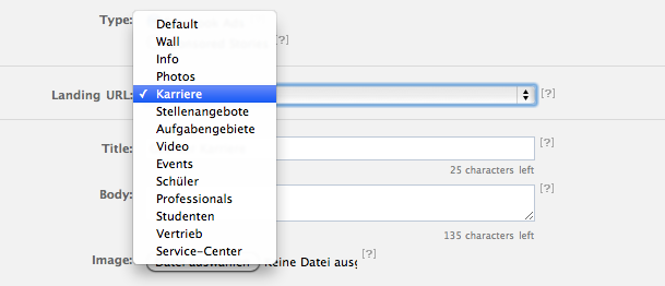 Auswahl des Anzeigen Landing Tab
