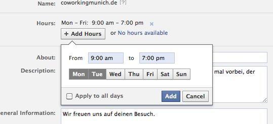 Admin Ansicht zum Bearbeiten der Öffnungszeiten