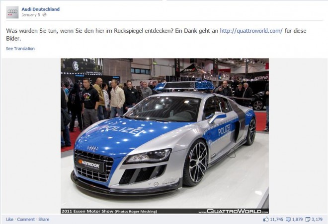 Für Messezwecke zum Polizeiauto umgebauter Audi R8 als erfolgreichster organischer Beitrag auf der Audi DE Facebook Seite Für Messezwecke zum Polizeiauto umgebauter Audi R8 als erfolgreichster organischer Beitrag auf der Audi DE Facebook Seite