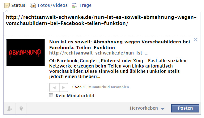 Erste Abmahnung wegen automatischen Vorschaubildern beim Teilen von Links auf Facebook