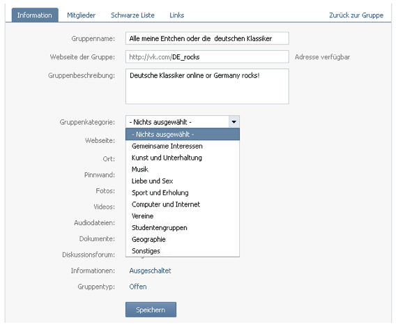 VKontakte-Gruppe-Einstellungen