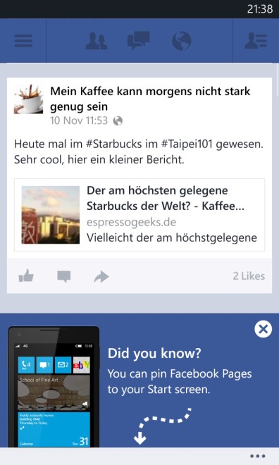 FB-Pages auf die WP8 Startseite