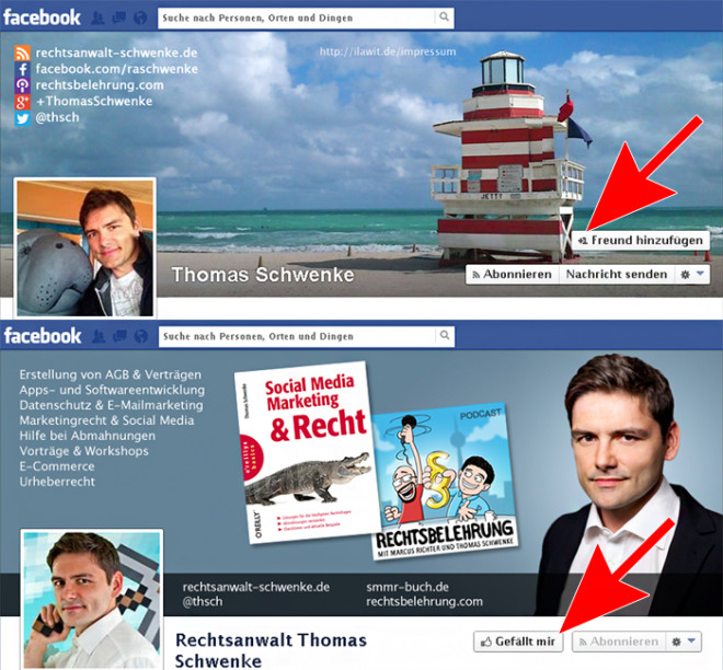 Für Privates ist die persönliche Chronik/Profil dar (erkennbar an der Möglichkeit Freunde hinzuzufügen), für Geschäftliches die Facebook-Seite (erkennbar am “Gefällt-mir”-Button).
