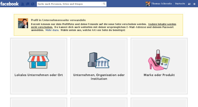 Falls Sie statt einer Facebook-Seite eine persönliche Chronik für Ihre geschäftliche Kommunikation nutzen, können Sie diese nachträglich in eine Facebook-Seite umwandeln.