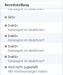 Übersicht: Status der Facebook Anzeigen