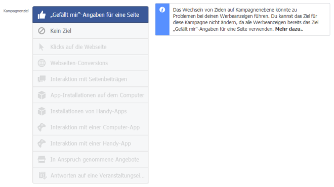 Auswahl des Ziels für Facebook Werbung