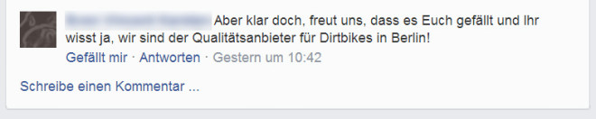 Es ist nicht anzunehmen, dass der Dirtbikeanbieter in diesem Beispiel die Mitbewerber herabsetzen möchte. Jedoch sollten Sie das Beispiel aus der Sicht der Konkurrenz lesen. Wenn das "der Qualitätsanbieter" ist, dann müssen die anderen Mitbewerber wohl eine geringere Qualität bieten.