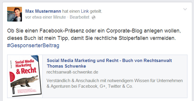 Zwar würde der Hinweis auf das Sponsoring m.E. die gesetzlichen Anforderungen an erkennbare Werbung erfüllen, aber trotzdem läge ein Verstoß gegen die Facebookregeln vor.