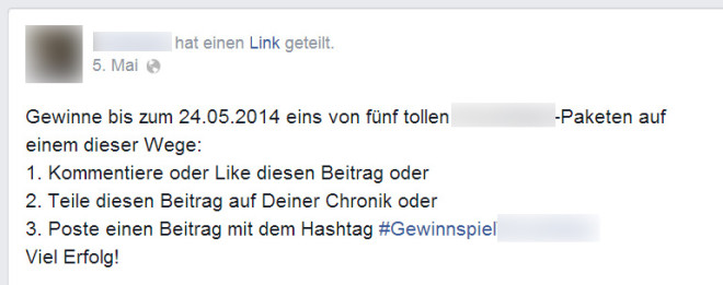 Dieses Beispiel enthält gleich zwei Verstöße gegen die Promotionsregeln für Facebook. Zum einem die Aufforderung den Beitrag als Teilnahmevoraussetzung zu teilen und zum anderen den Hashtag zu posten.