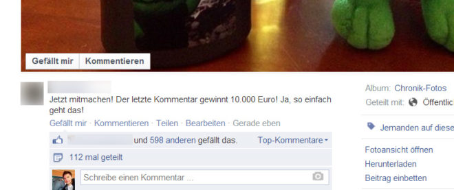 Bei diesem Klassiker liegt ein Verstoß gegen die Pflicht zur Angabe eines Endtermins für das Gewinnspiel vor. Zulässig wäre das Gewinnspiel z.B. mit diesem Zusatz "...der letzte Kommentar, der bis Mittwoch den 19.08.2014 12:00 Uhr eingeht...".
