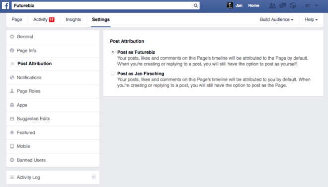 Facebook-Beitragsattribution-Seiteneinstellungen