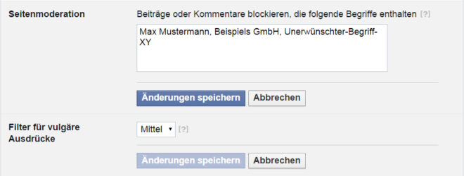 In den Einstellungen Ihrer Facebook-Seite finden Sie Möglichkeiten, unerwünschte Inhalte zu filtern. Machen Sie von ihnen Gebrauch um insbesondere Wiederholungen von Rechtsverstößen zu vermeiden.