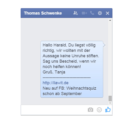 Eine solche Signatur halte ich rechtlich zulässig und denke auch nicht, dass Facebook damit Probleme haben wird. Dennoch sollten Sie Ausschau halten, ob Facebook nicht irgendwann Guidelines herausbringt, die bestimmte Inhalte verbieten.