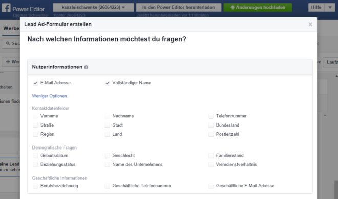 Lead Ads erlauben eine Vielzahl von Abfragemöglichkeiten. Denken Sie jedoch daran, dass den Nutzern klar sein muss, wofür diese Angaben erforderlich sind. Notfalls sollten Sie in der Datenschutzerklärung erläutern, wofür Sie die Angaben benötigen.