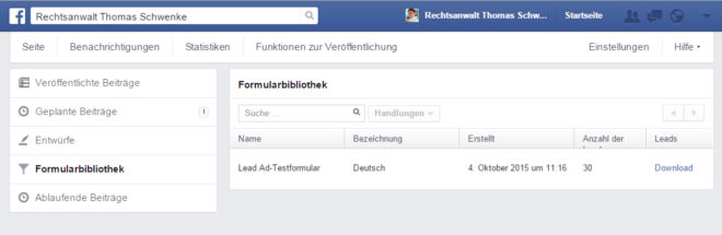 Die Leads können Sie bequem über die, den Lead Ads zugeordneten Facebookseiten, herunterladen. Sollen die Leads in einen Verteiler wandern, empfehle ich vorab den Versand einer Double-Opt-In-Bestätigungsmail an die angegebenen E-Mailadressen.