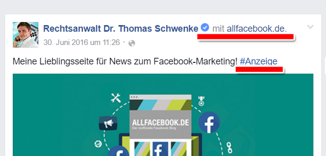 Wenn Sie sich nicht sicher sind, ob ein Fall von Schleichwerbung vorliegen könnte, können Sie die Begriffe "Anzeige", "Werbung" oder, weniger rechtssicher, "SponsoredPost" wählen.