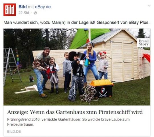 Beispiel wie man Branded-Content-Werbung kennzeichnet (mit "Anzeige" und zusätzlich, m.E. nicht mehr notwendig, mit "Gesponsert von"-Hinweis), zeigte die Bild-Zeitung (Quelle: Horizont.net)