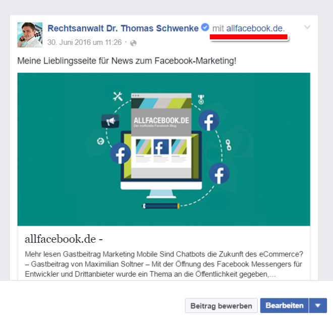 Derartige Form des Branded Content ist laut Facebook-Regeln zulässig, da hier der gesamte Beitrag einen fremden Markeninhalt darstellt und von meinen übrigen Inhalten abgegrenzt ist.