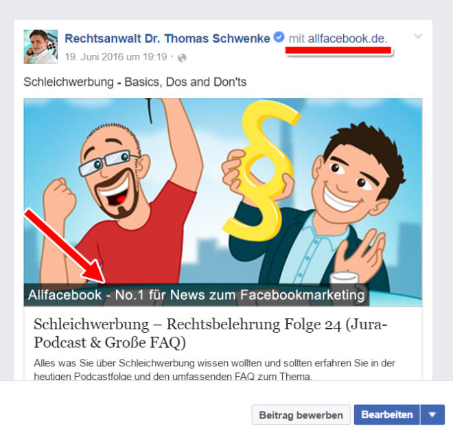 Diese "Branding Content"-Konstellation würde gegen die Facebook-Regeln verstoßen, da hier der Sponsoringhinweis auf dem Vorschaubild mit meinem übrigen Inhalt, hier dem Link zu meinem Podcast, vermischt wird.