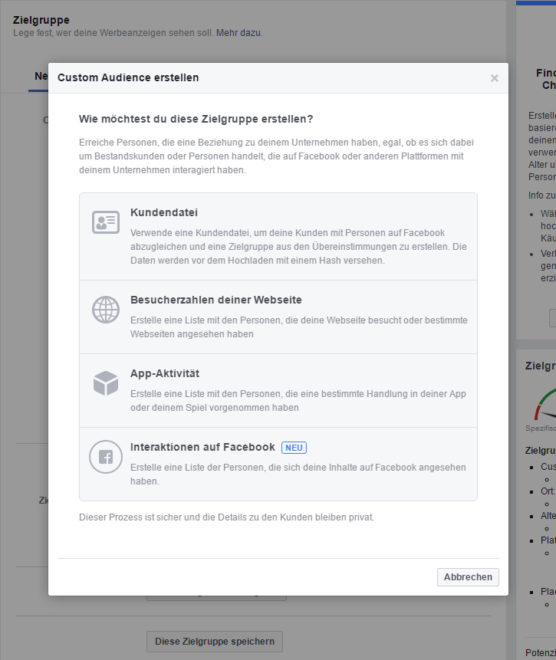 "Custom Audiences" können bei Facebook bequem im Werbeanzeigenmanager angelegt werden.
