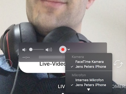 In Quicktime kann neben dem Aufnahmeknopf die Eingangsquelle für Bild und Ton ausgewählt werden.