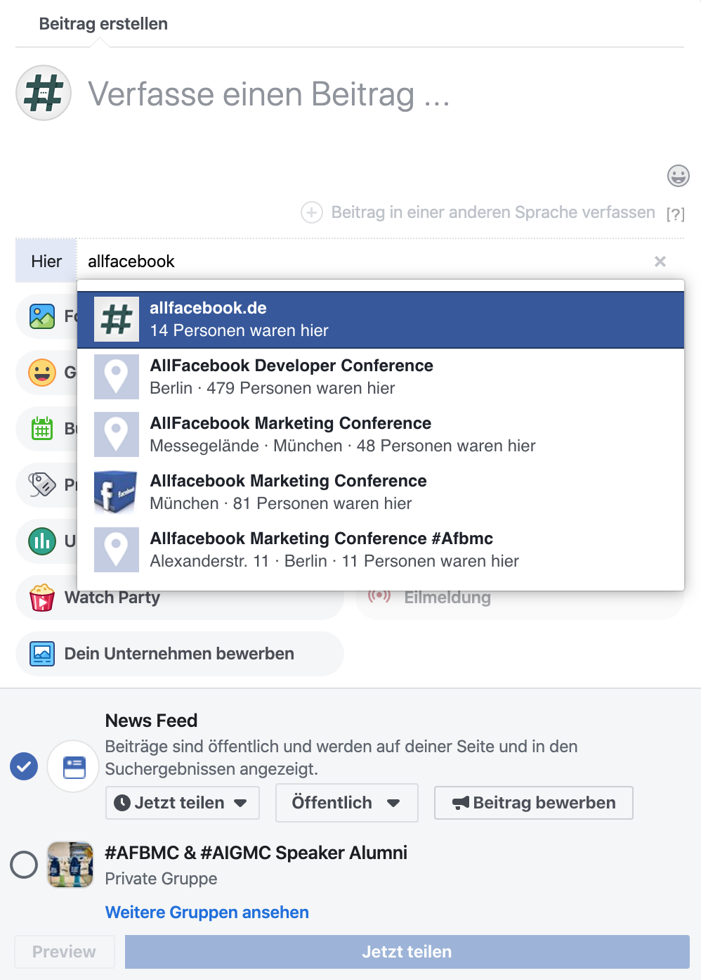 Facebook Ort hinzufügen