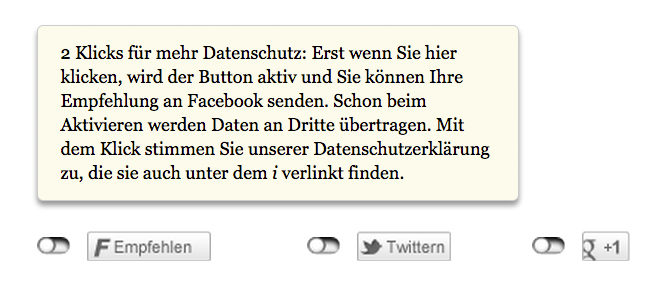 Eigentlich ein "alter Hut", aber als Mittel der Risikominderung immer noch sehr relevant. Die "2-Klick-Lösung" des heise-Verlages. Im Optimalfall würde Facebook selbst diese Art des Opt-Ins anbieten.