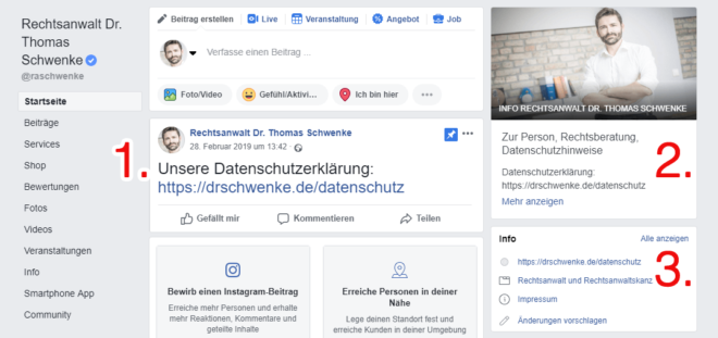 Möglichkeiten des Datenschutzhinweises auf einer  Facebooks-Fanpage.