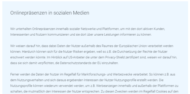 In der Datenschutzerklärung selbst, empfehle ich Ihnen einene generellen Passus zur Nutzung sozialer Netzwerke aufzunehmen und in diesem Rahmen dann auf die einzelnen Netzwerke zu verweisen.