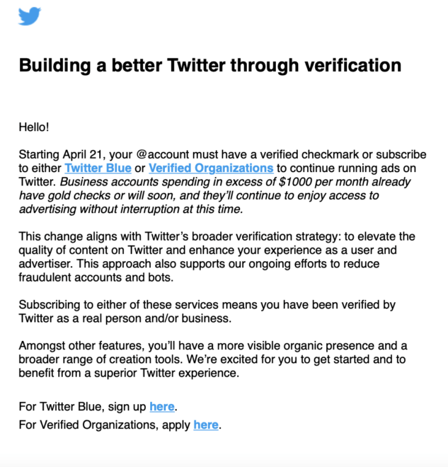 Mail von Twitter an Anzeigenkunden (21.04.2023)