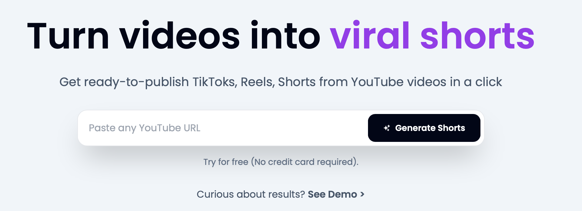 Startseite von Klap. Hier kannst du einen Link von einem YouTube Video einfügen, um anschließend ein Kurzvideo für Shorts, Reels oder TikTok zu erstellen.