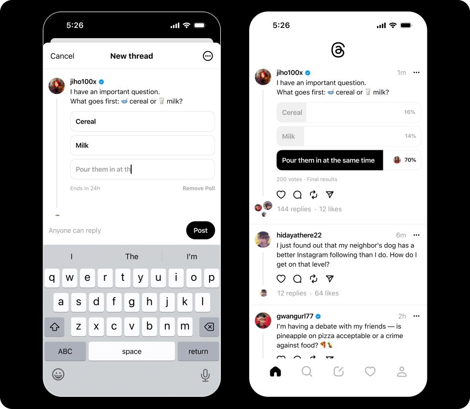 Screenshot zeigt, wie sich Antworten zu einer Umfrage hinzufügen lassen und wie eine gepostete Umfrage im Threads Feed erscheint.