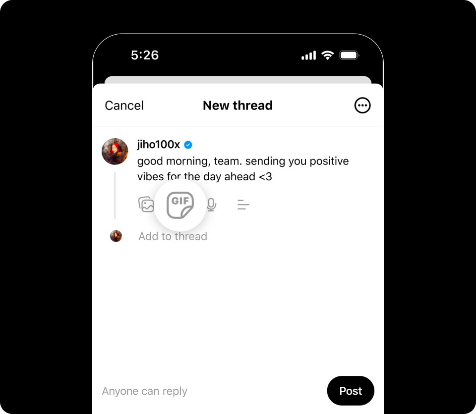 Screenshot von Meta Threads mit einem neu erstellten Post. Hier kann mit Klick auf das GIF-Symbol ein GIF gepostet oder zu einem Text-Posting hinzugefügt werden.