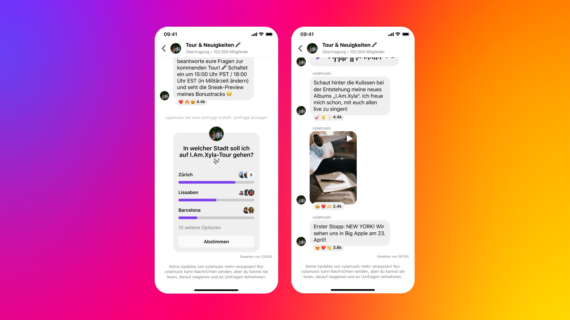Das Bild zeigt Beispiele mit möglichen Inhalten in einem Instagram Broadcast Channel. Derzeit kannst du in einem Broadcast Channel Textnachrichten, Fotos, Videos, Umfragen oder Sprachnotizen mit deiner Community teilen.