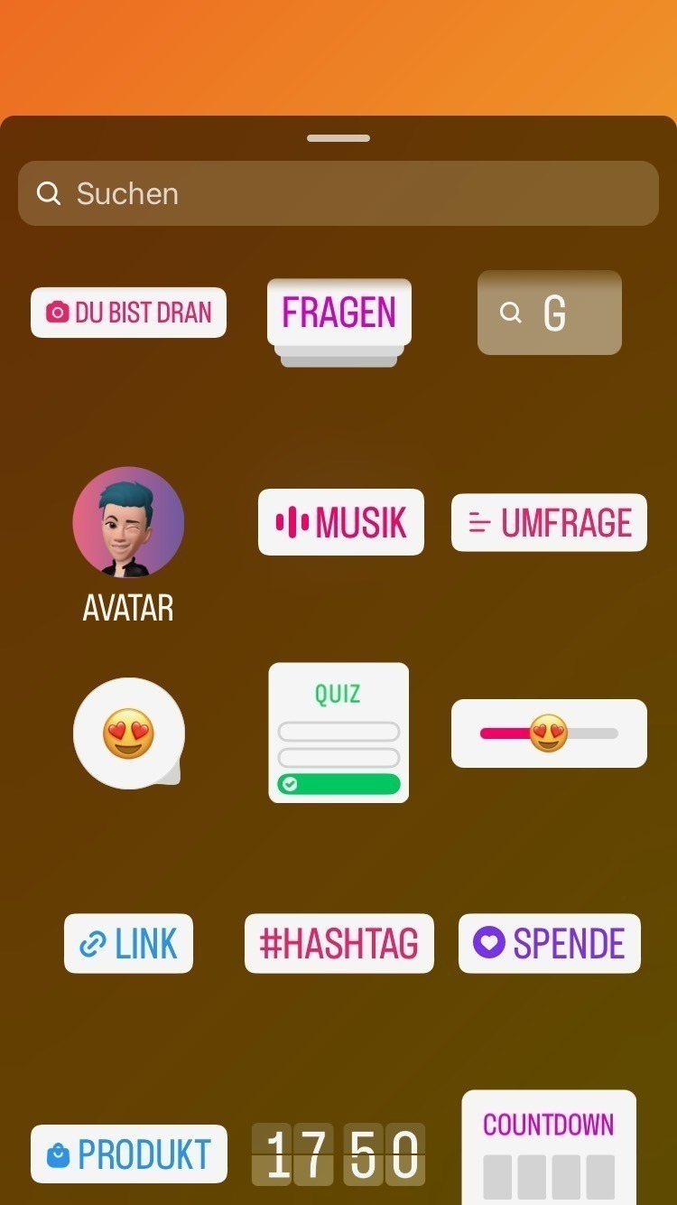 Screenshot zeigt das Instagram Auswahl Menü bei der Story Erstellung. Mit dem Sticker für Links kann man einer Instagram Story einen Link auf eine Website hinzufügen. 