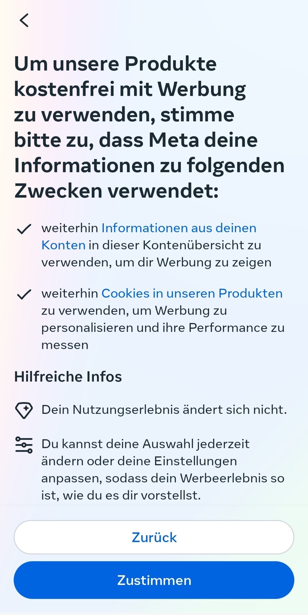 Screenshot zeigt einen Hinweis von Meta, dass Meta bei der kostenfreien Nutzung weiterhin Werbung anzeigt. 