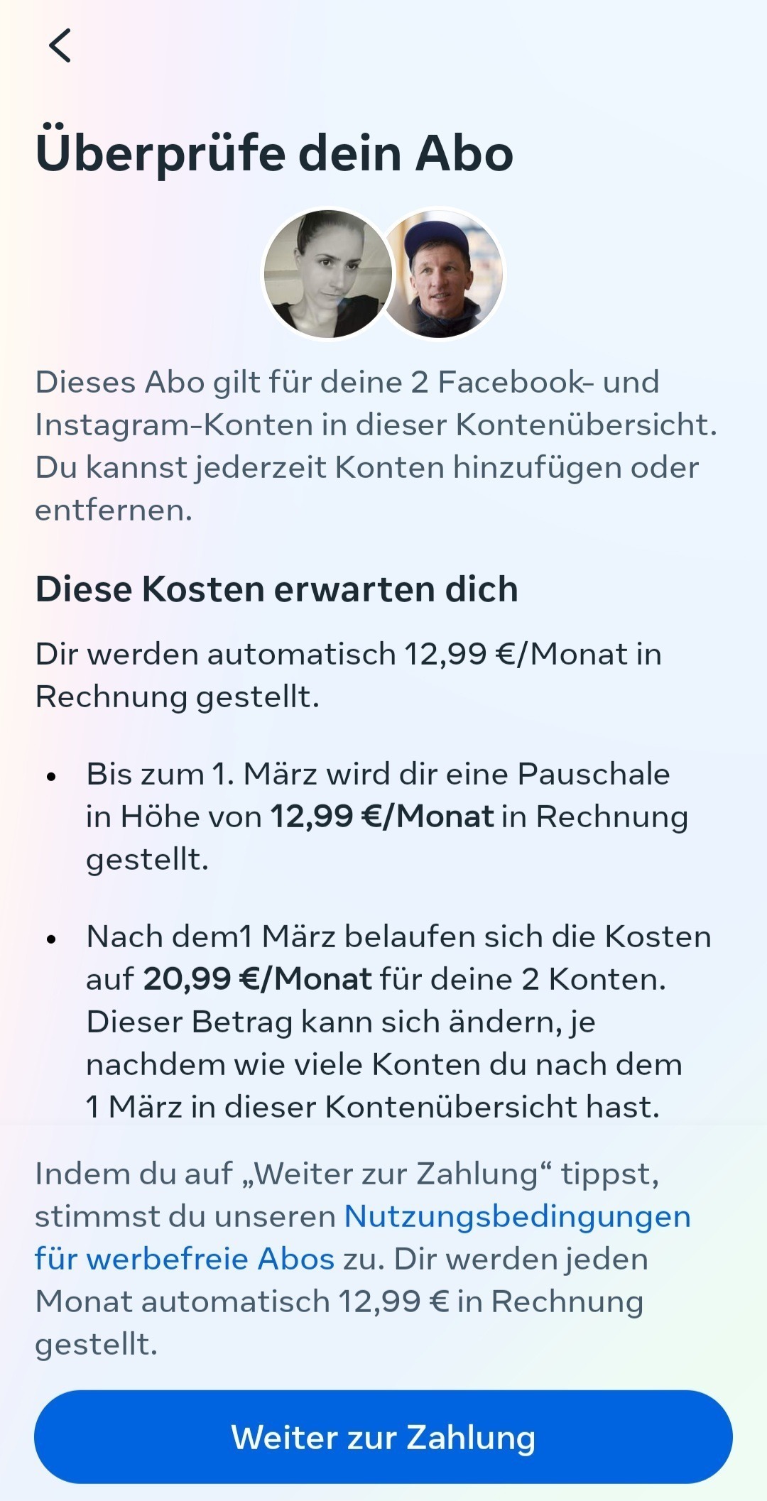 Bild zeigt das Preismodell für das Meta Abo bei einer Bezahlung über eine Smartphone App. In diesem Fall werden als Beispiel zwei Kanäle betreut. Die Kosten belaufen sich im auf dem Bild gezeigten Beispiel auf 20,99 Euro pro Monat.  