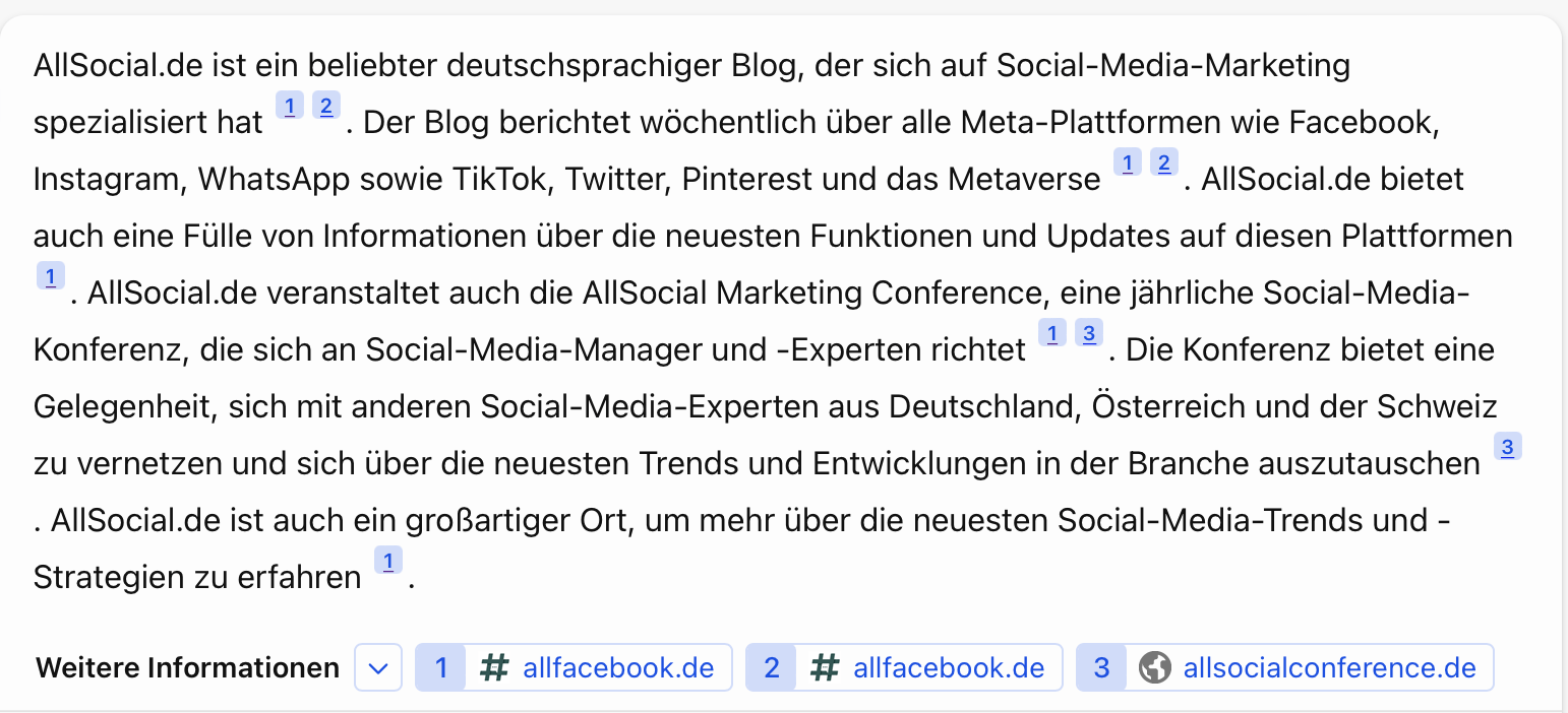 Bild zeigt einen Screenshot von der Benutzeroberfläche des Microsoft Chatbots Copilot in der Suchmaschine Bing. Dargestellt ist die Antwort des Chatbots auf die Frage, ob der Chatbot den AllSocial Blog kennt. Der Chatbot beschreibt den AllSocial Blog und gibt Quellenangaben an. Diese sind Links, die auf die AllSocial Startseite und die AllSocial Conference führen. 