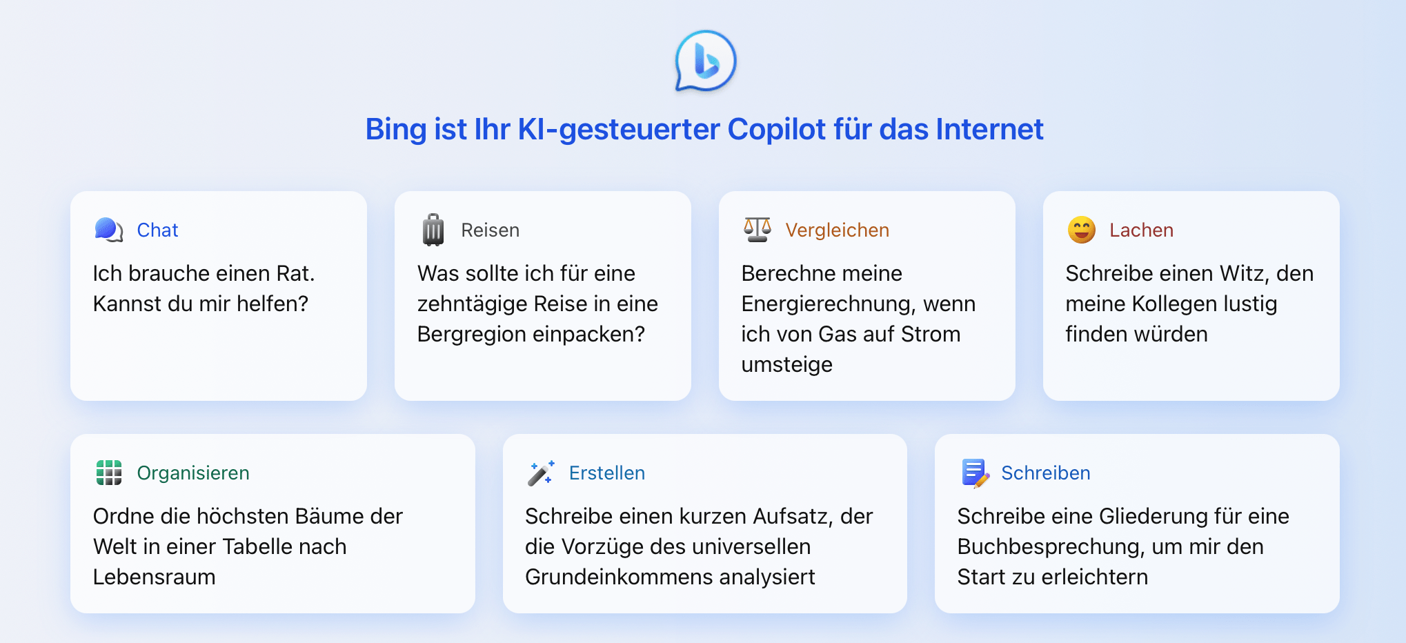 Die Nutzeroberfläche des Bing Chats von Microsoft. Hier kannst du verschiedene Funktionen auswählen. Für unseren Artikel wählten wir den Auswahlpunkt „Erstellen“. 

Text KI-Tools für Social Media Beiträge