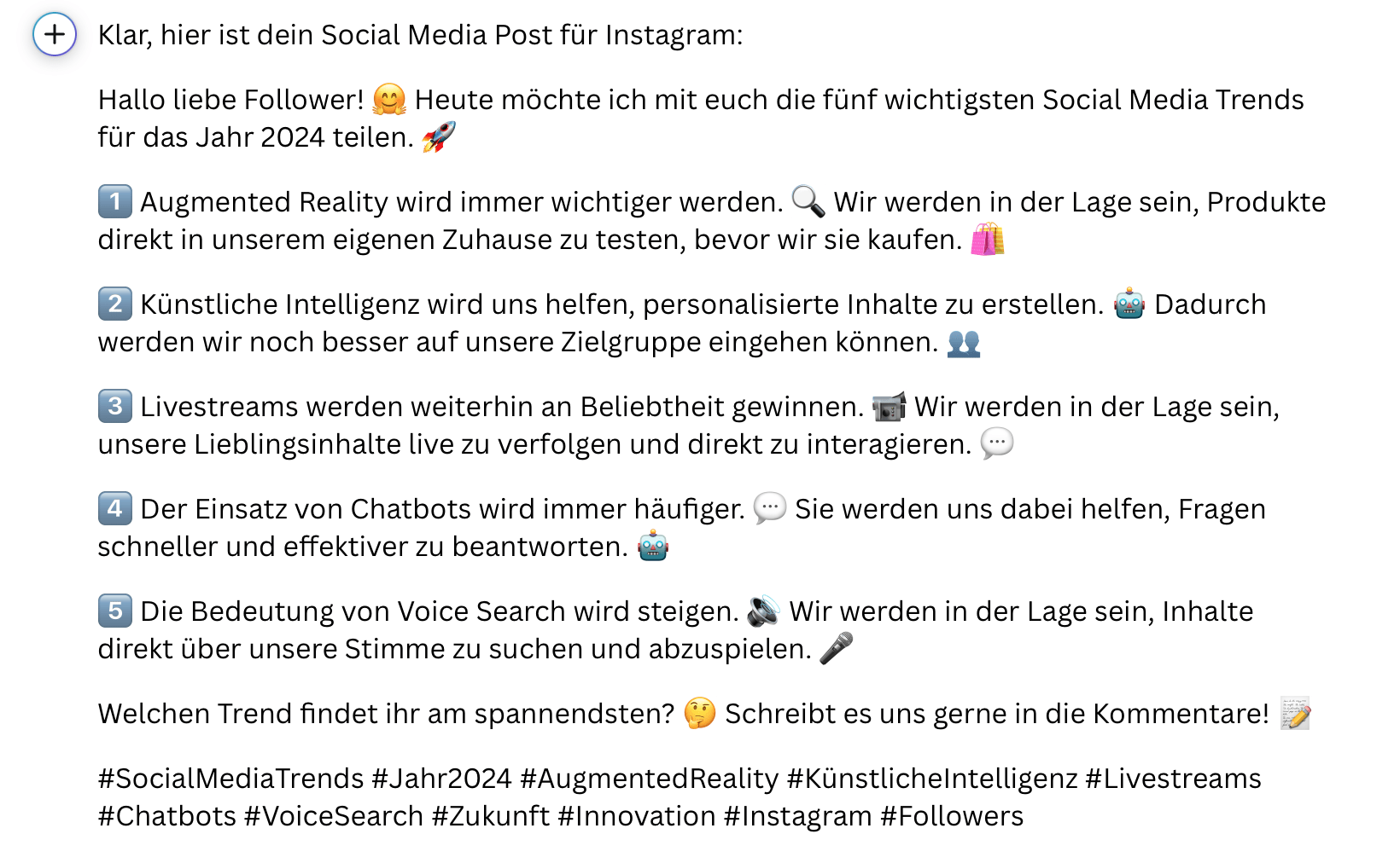 Bild zeigt das Ergebnis für die Eingabe aus dem vorherigen Bild: Ein von Canva Magic Write erstellter Beitrag für Instagram über aktuelle Social Media Trends. 

Text KI-Tools für Social Media Beiträge