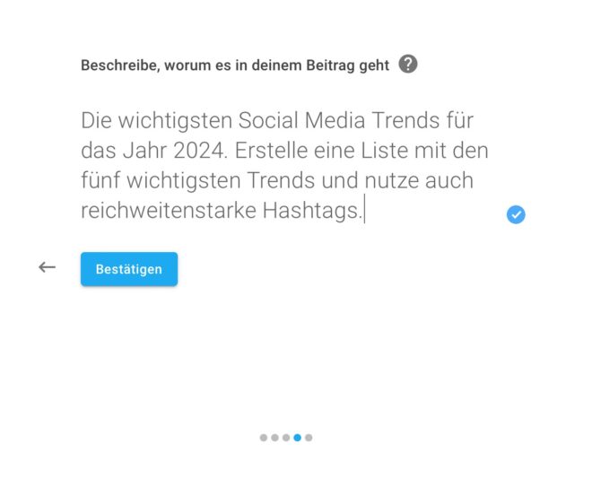 Bild zeigt einen Ausschnitt aus der Nutzeroberfläche von neuroflash. An dieser Stelle kannst du in einem leeren Eingabefeld beschreiben, wovon der erstellte Text überhaupt handeln soll.