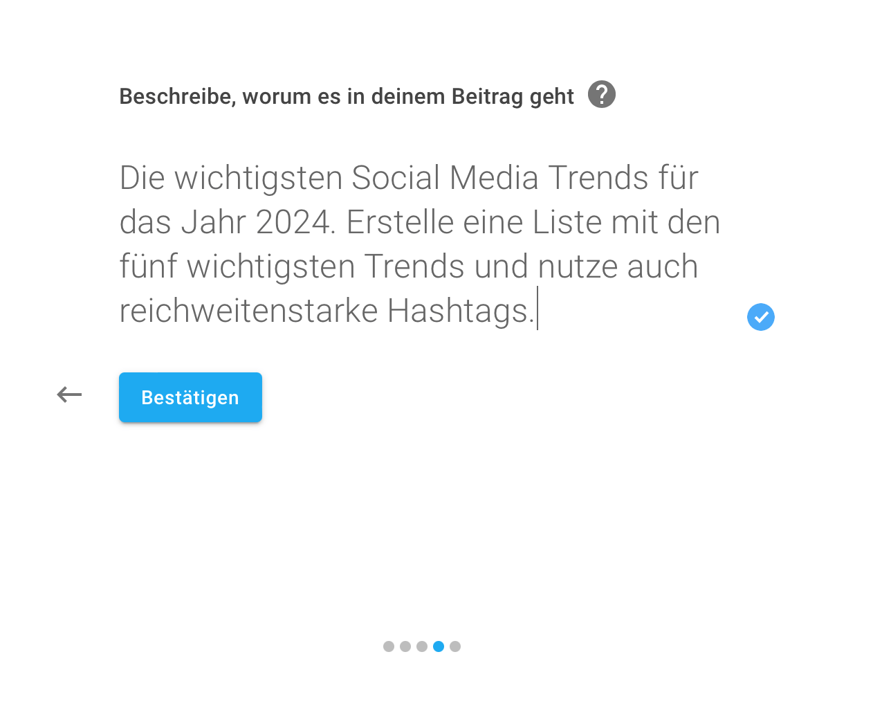 Bild zeigt die Eingabe für die Texterstellung von neuroflash. Als Befehl für die Eingabe wurde „Die wichtigsten Social Media Trends für das Jahr 2024. Erstelle eine Liste und nutze auch reichweitenstarke Hashtags“ in das Eingabefenster eingetragen.
