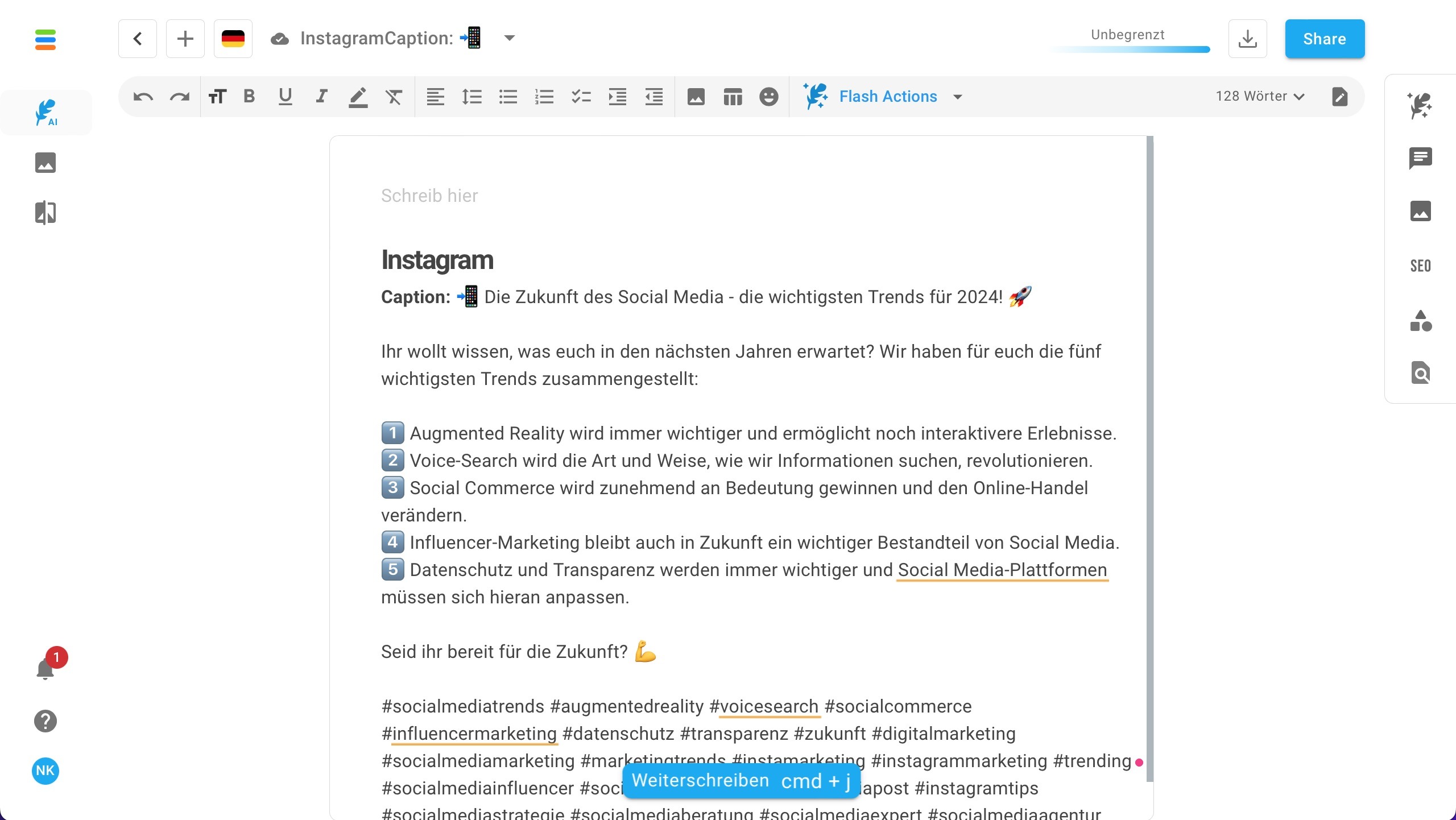 Bild zeigt einen Aufnahme aus der Nutzeroberfläche von neuroflash und den Texteditor. Dieser ist wie Programm zur Textverarbeitung aufgebaut. Darin kannst du den von der KI erstellten Text selbst noch anpassen oder weitere Abschnitte hinzufügen und selbst schreiben. 