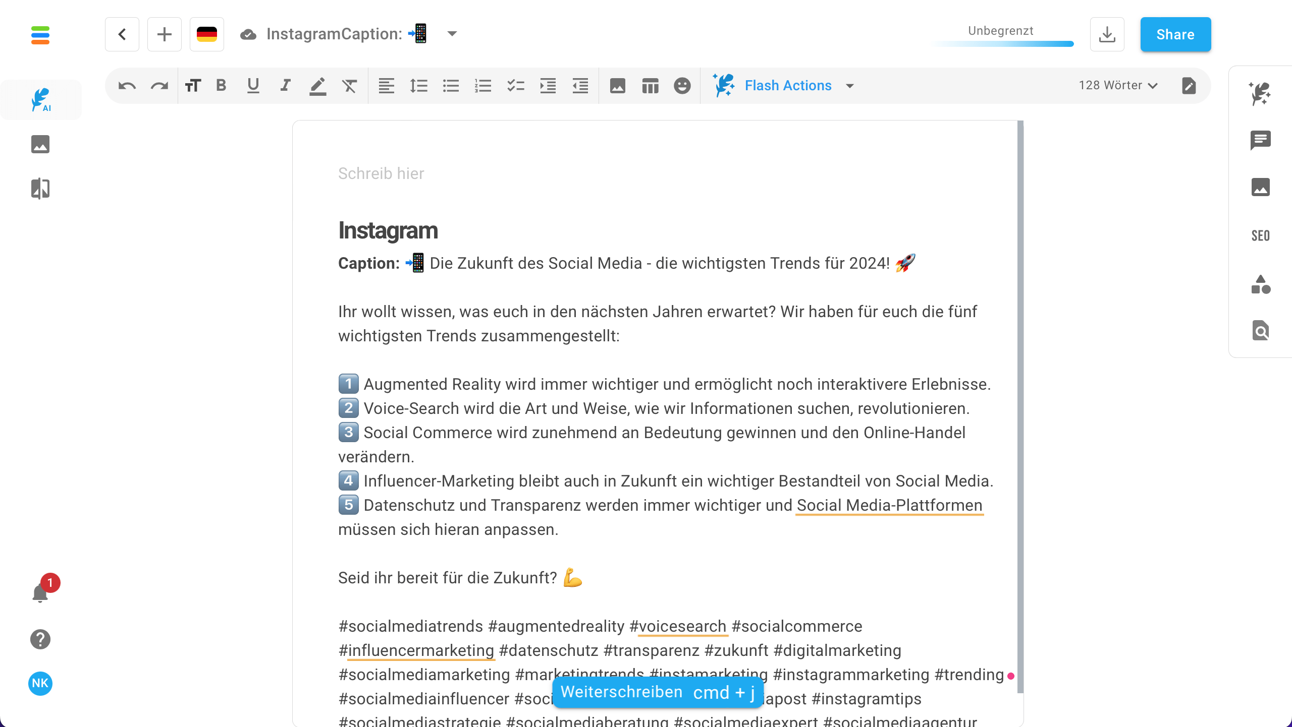 Das Bild zeigt den erstellten Text von neuroflash zum Befehl aus dem vorherigen Bild. Das Ergebnis erscheint in einem Texteditor, der wie gängige Textverarbeitungsprogramme aufgebaut ist.

Text KI-Tools für Social Media Beiträge