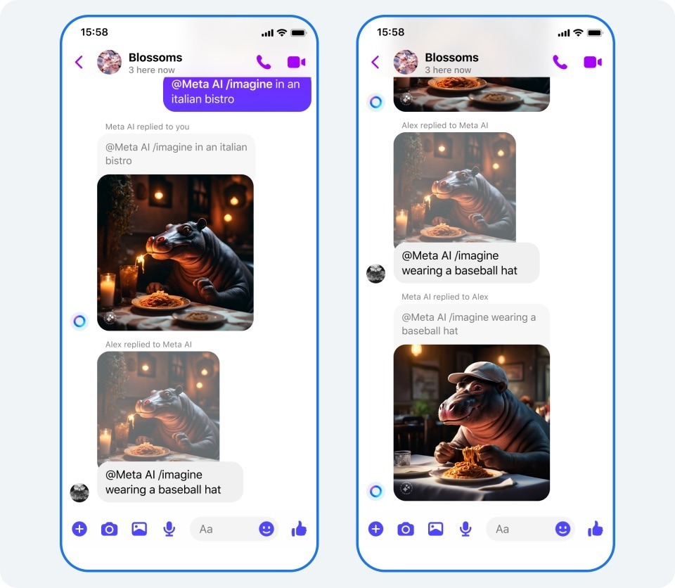 Bild zeigt einen Ausschnitt aus einem Gespräch im Meta Chat. Abgebildet ist das Resultat der Reimagine-Funktion. Mit dieser Funktionen können Bilder mit Hilfe von künstlicher Intelligenz, die bereits im Chat gepostet wurden, nachträglich verändert werden. Der dazu nötige Befehl wird als Antwort auf das entsprechende Bild gesendet.