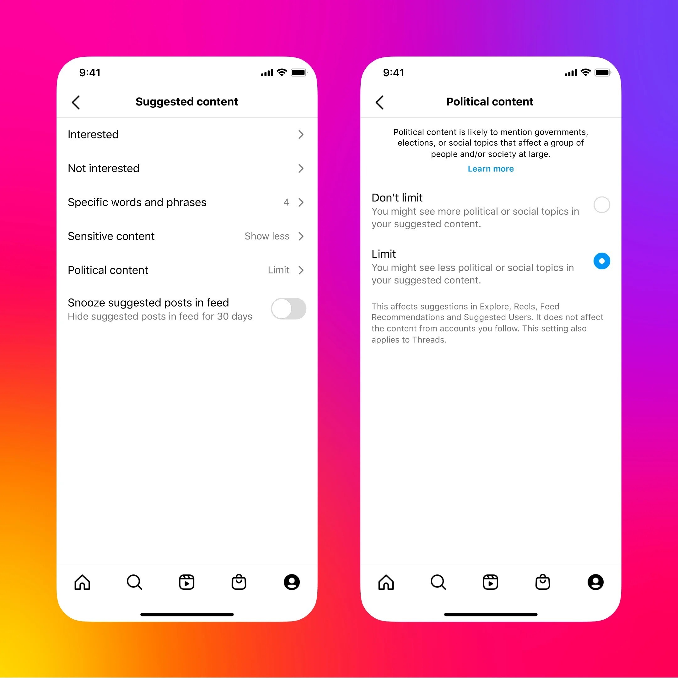 Bild zeigt einen Ausschnitt der Einstellungen von Instagram. Dort soll es möglich sein, einzustellen, ob man Inhalte von politischen Accounts sehen will oder nicht. Im Bild ist der Bereich der Einstellung abgebildet, in dem die Userinnen und User ihre Zustimmung geben können oder dies verweigern wollen.