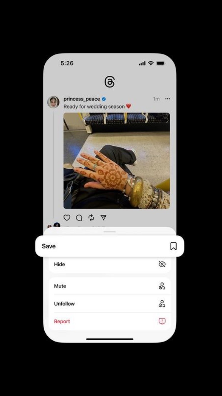 Bild zeigt die neue Lesezeichenfunktion von Threads an. Abgebildet ist wie sich ein Lesezeichen setzen lässt. Per Klick auf das Auswählmenü neben einem Posting, danach ein Klick auf Save.